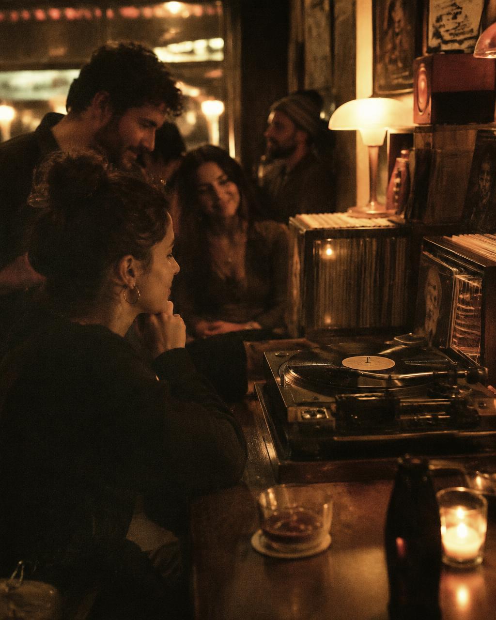 Menschen hören gemeinsam Platten in einer Bar