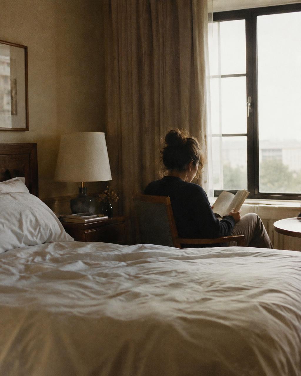 Eine Person liest in einem ruhigen Hotelzimmer